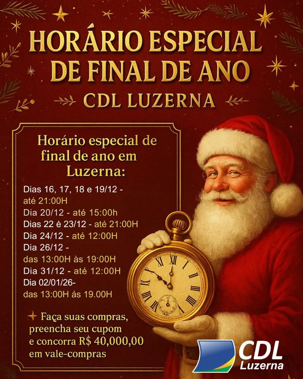 CDL de Luzerna divulga horário especial de final de ano para o comércio