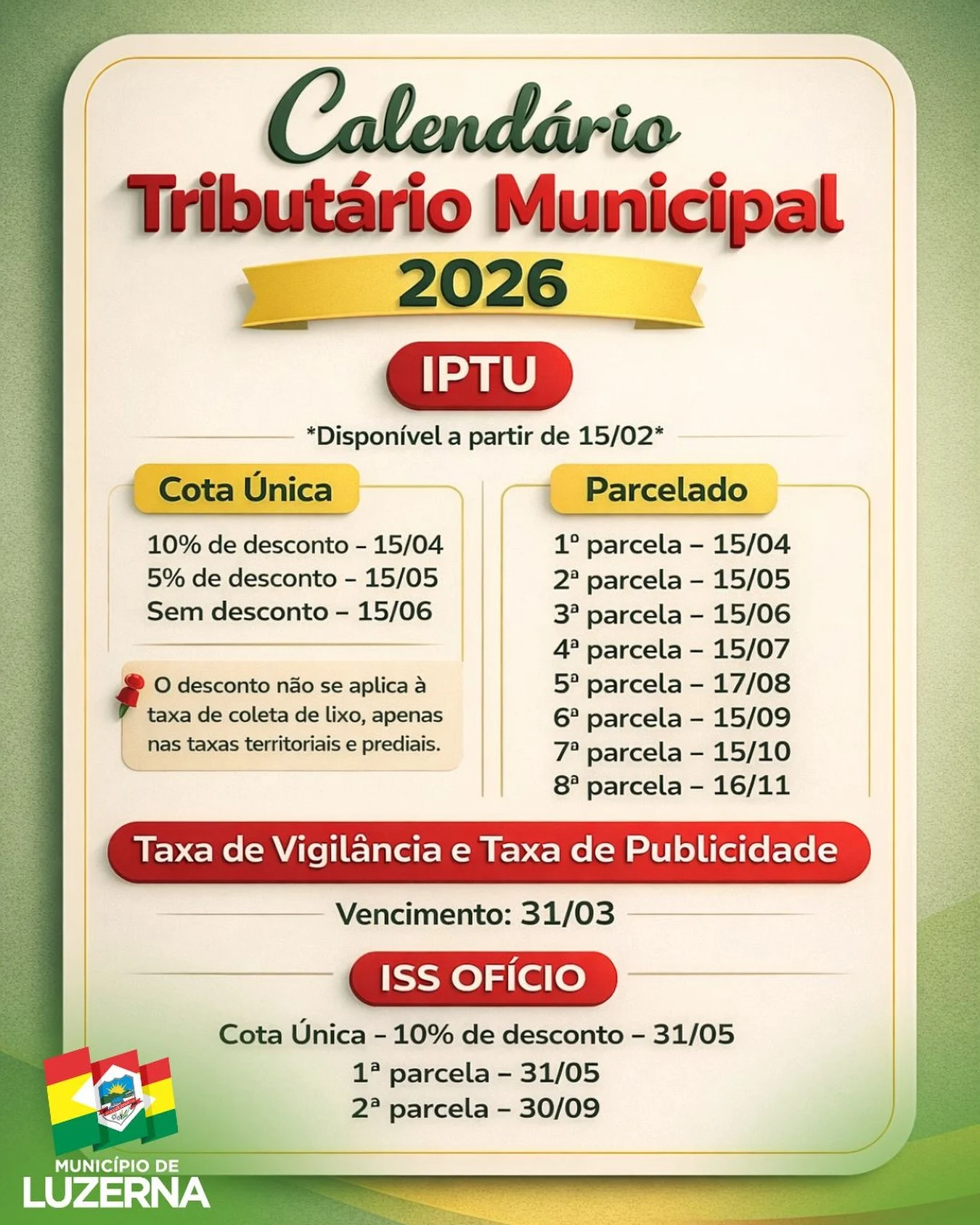 IPTU 2026 de Luzerna estará disponível a partir de 15 de fevereiro