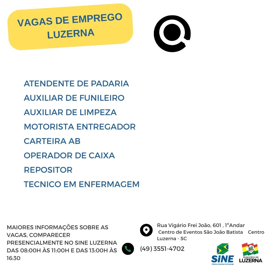 Vagas de emprego no Sine de Luzerna