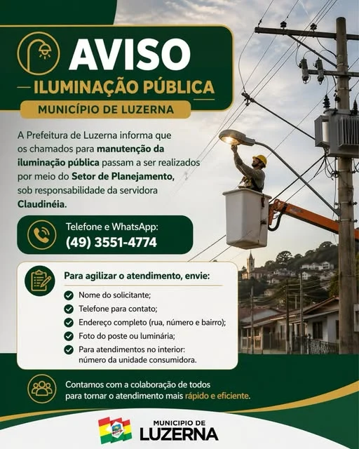 Luzerna: chamados de iluminação pública passam a ser feitos pelo Setor de Planejamento