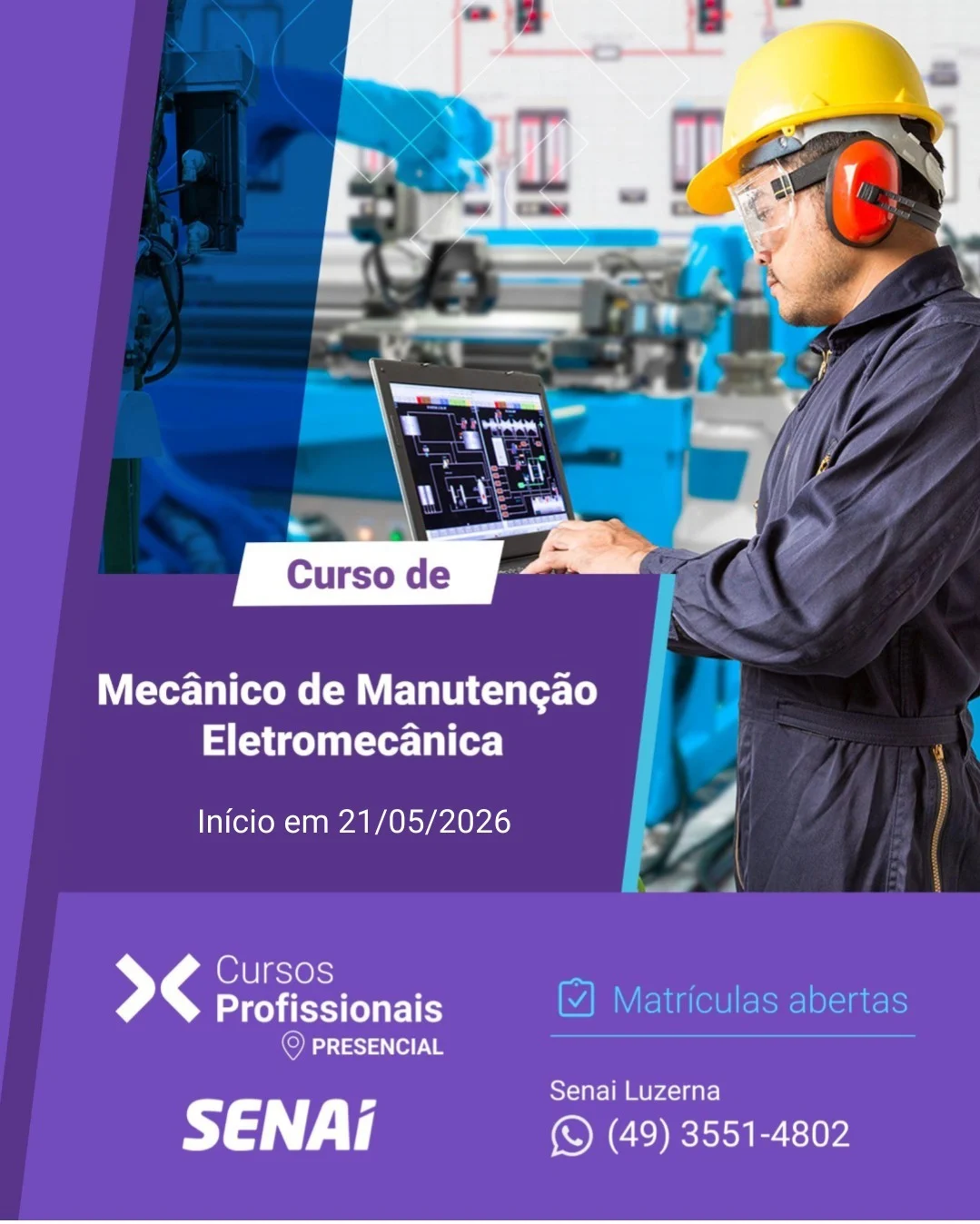 O SENAI Luzerna está com as matriculas abertas pro curso Mecânico de Manutenção Eletromecânica 220 h