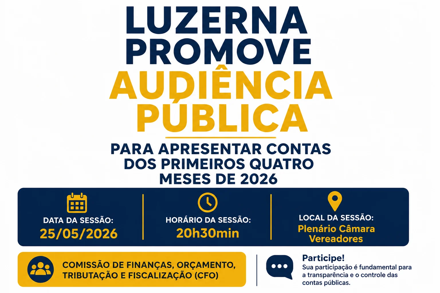 Luzerna promove audiência pública para apresentar contas dos primeiros quatro meses de 2026
