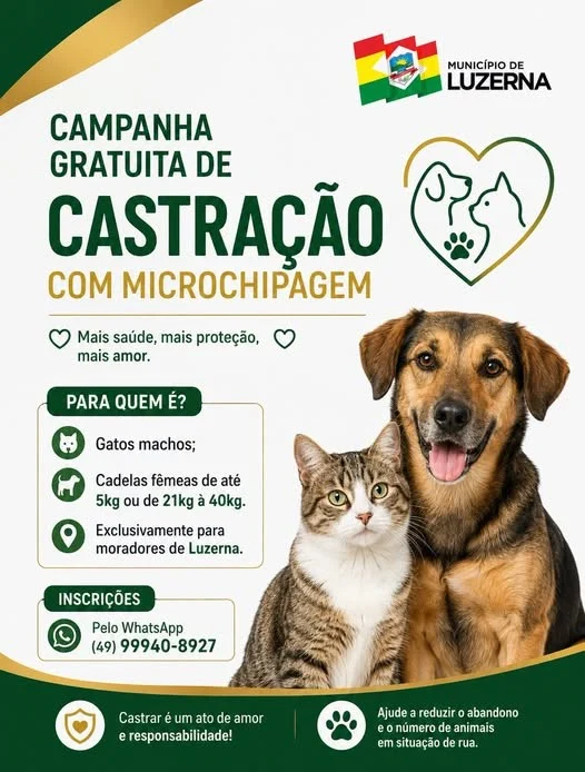 Luzerna abre inscrições para campanha gratuita de castração e microchipagem de cães e gatos