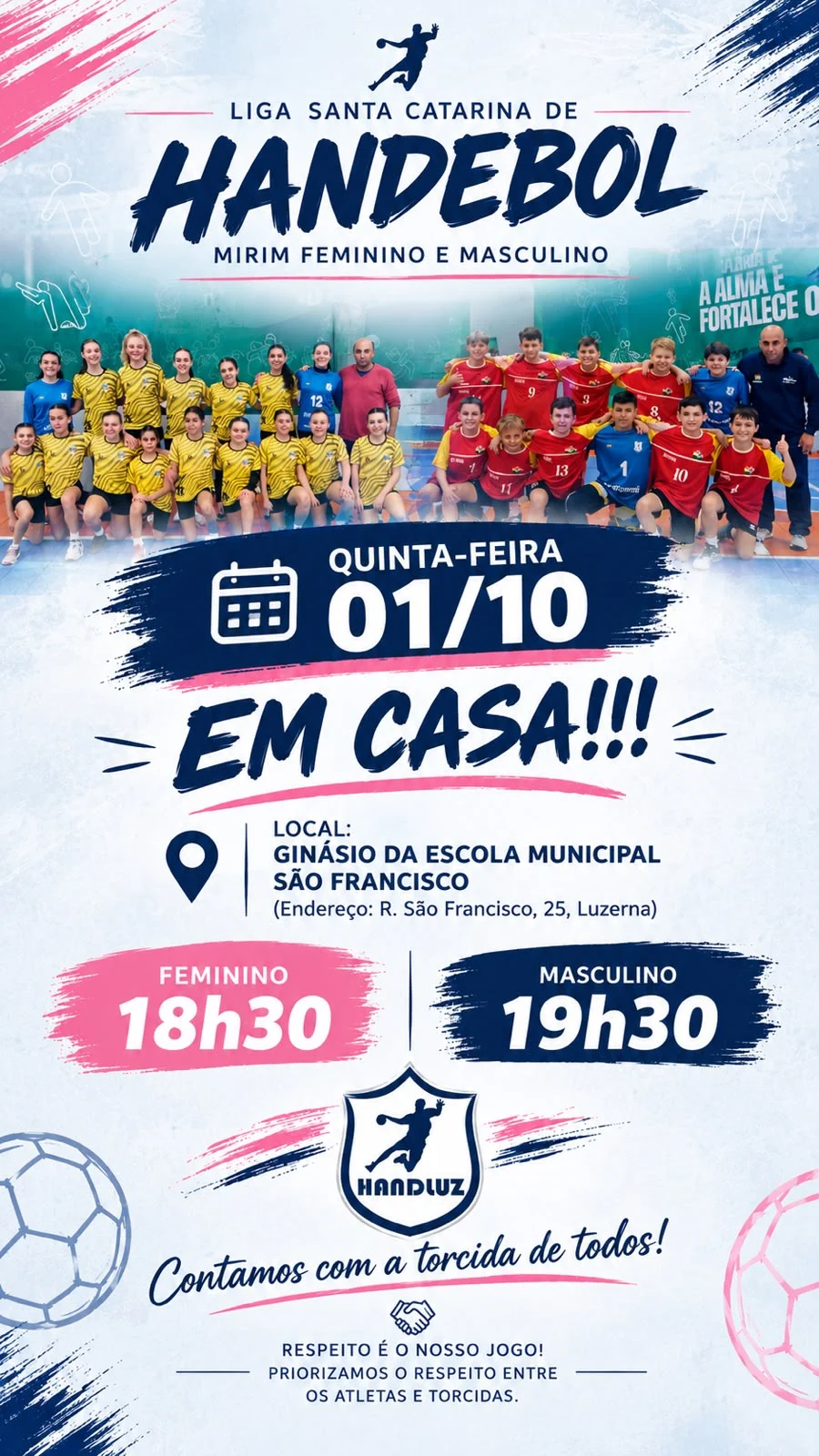 Luzerna terá noite de handebol com equipes feminina e masculina em quadra